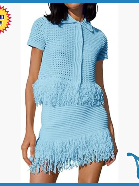 Other - Crochet Button Sweater Fringe Skirt Set Summer Beach Cover Up